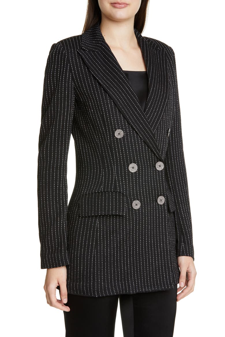 Evening Paillette Pinstripe Double Breasted Blazer, Alternate, color, CAVIAR/ SILVER