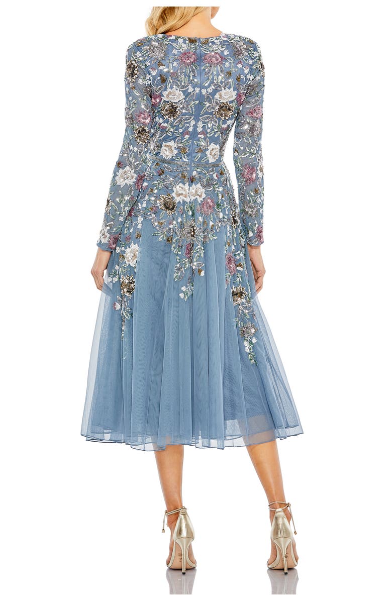 Mac Duggal Hand Embellished Floral V Neck Long Sleeve Dress, Alternate, color, Slate Blue Multi