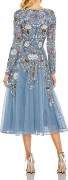 Mac Duggal Hand Embellished Floral V Neck Long Sleeve Dress