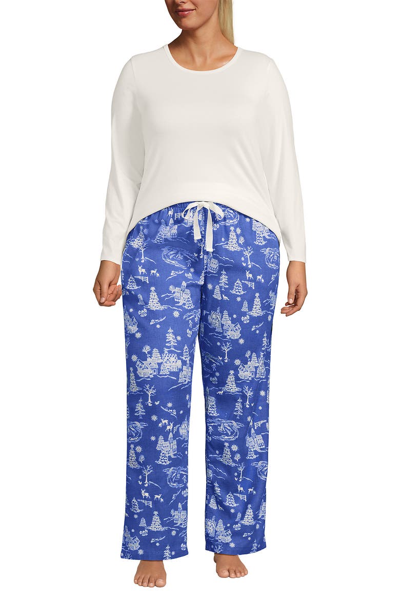 Plus Size Pajama Gift Set - Knit Long Sleeve Top and Flannel Pants, Main, color, Muted Cobalt Winter Village
