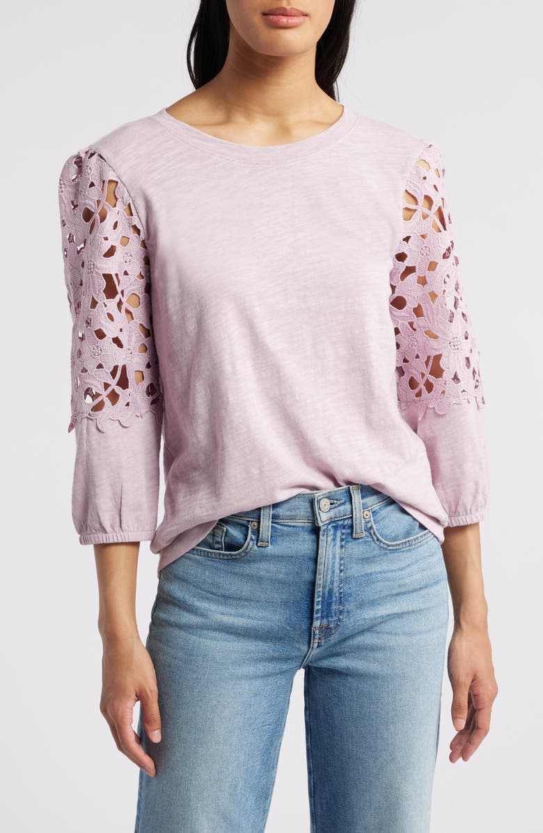 Caslon<sup>®</sup> Lace Sleeve Mixed Media Cotton Blend Top, Main, color,