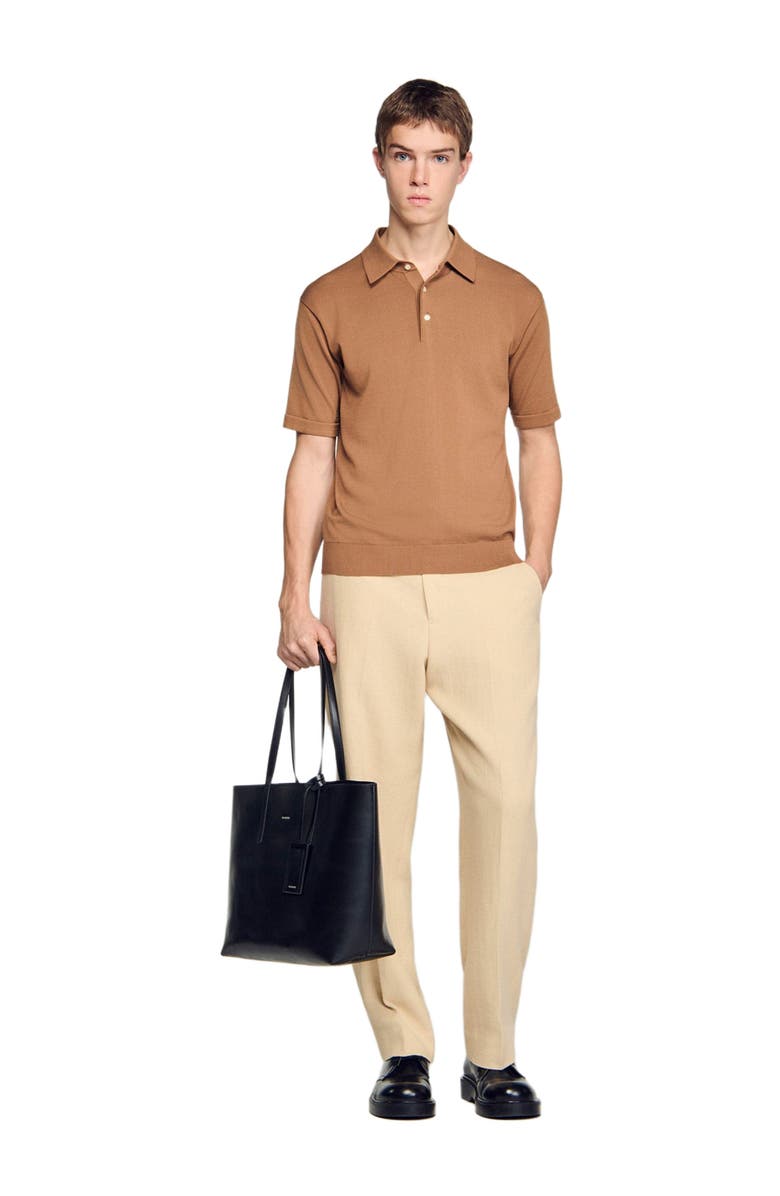 SANDRO Cotton and silk polo shirt, Alternate, color, Dark Camel