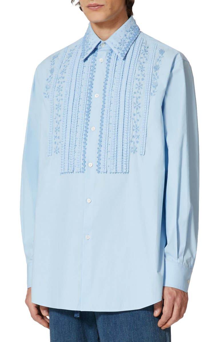 Valentino Embroidered Bib Cotton Poplin Button-Up Shirt, Main, color,
