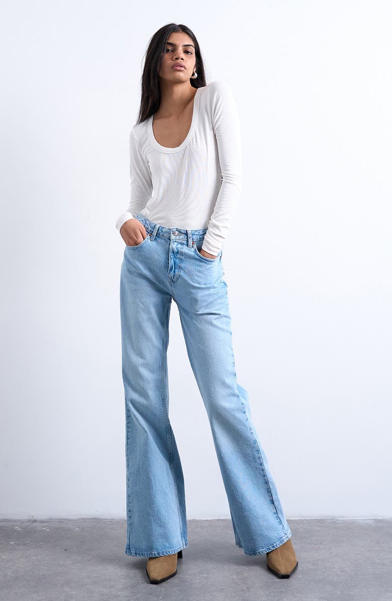 Topshop Scoop Neck Long Sleeve Rib Top, Main, color, Cream