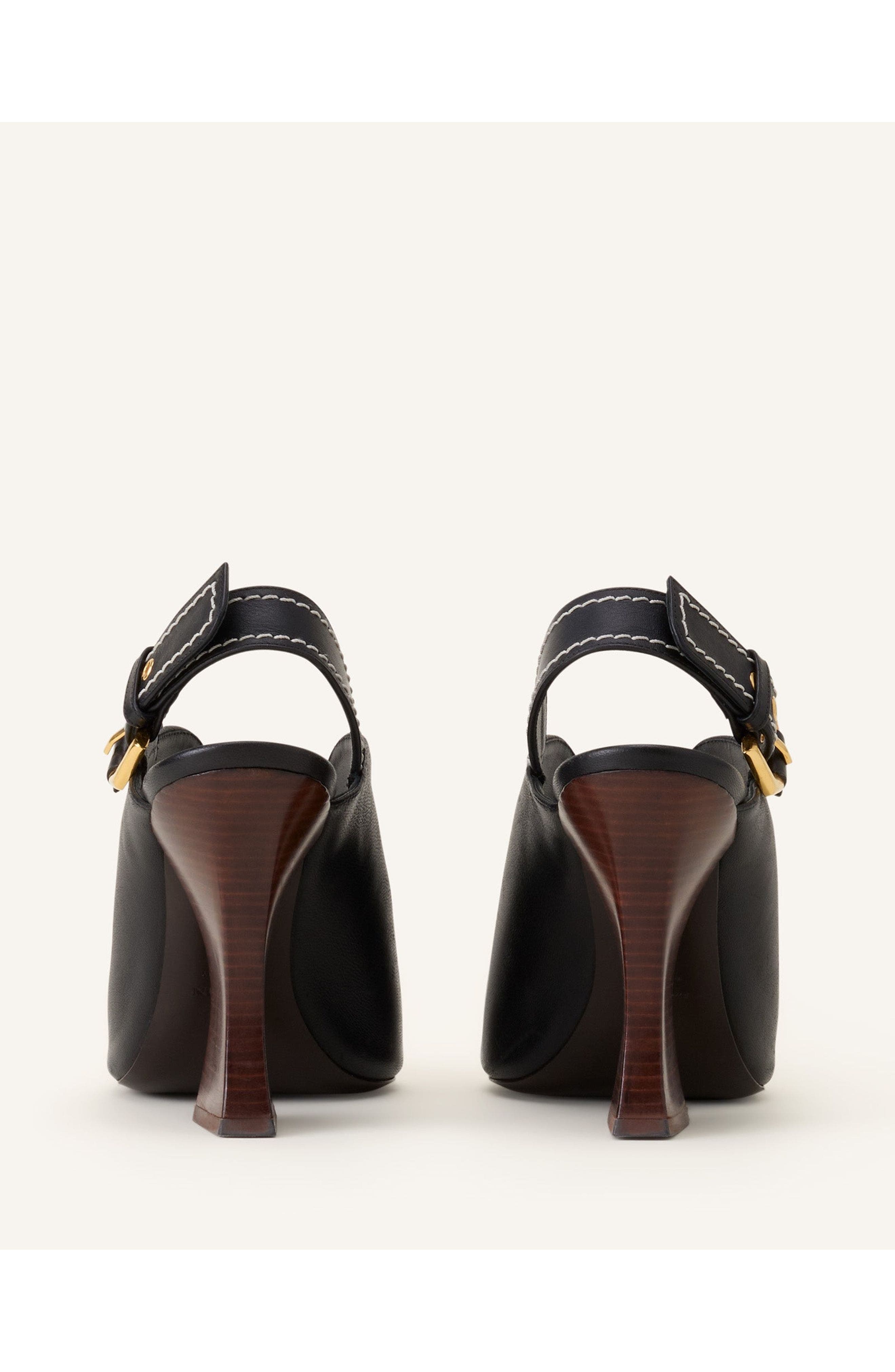 Lanvin Buckle Arch Heeled Leather Mules, Alternate, color, Black