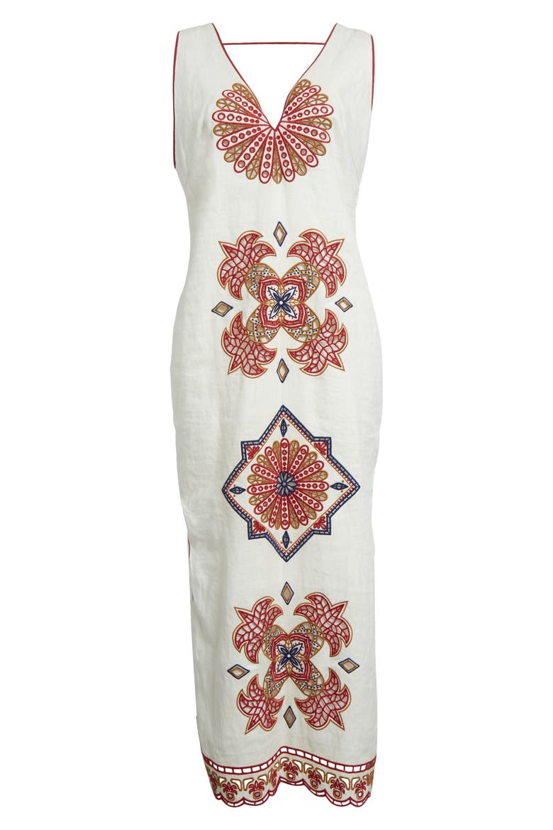 Mary's Tiles Embroidered Detail Linen Dress, Alternate, color, OFF-WHITE