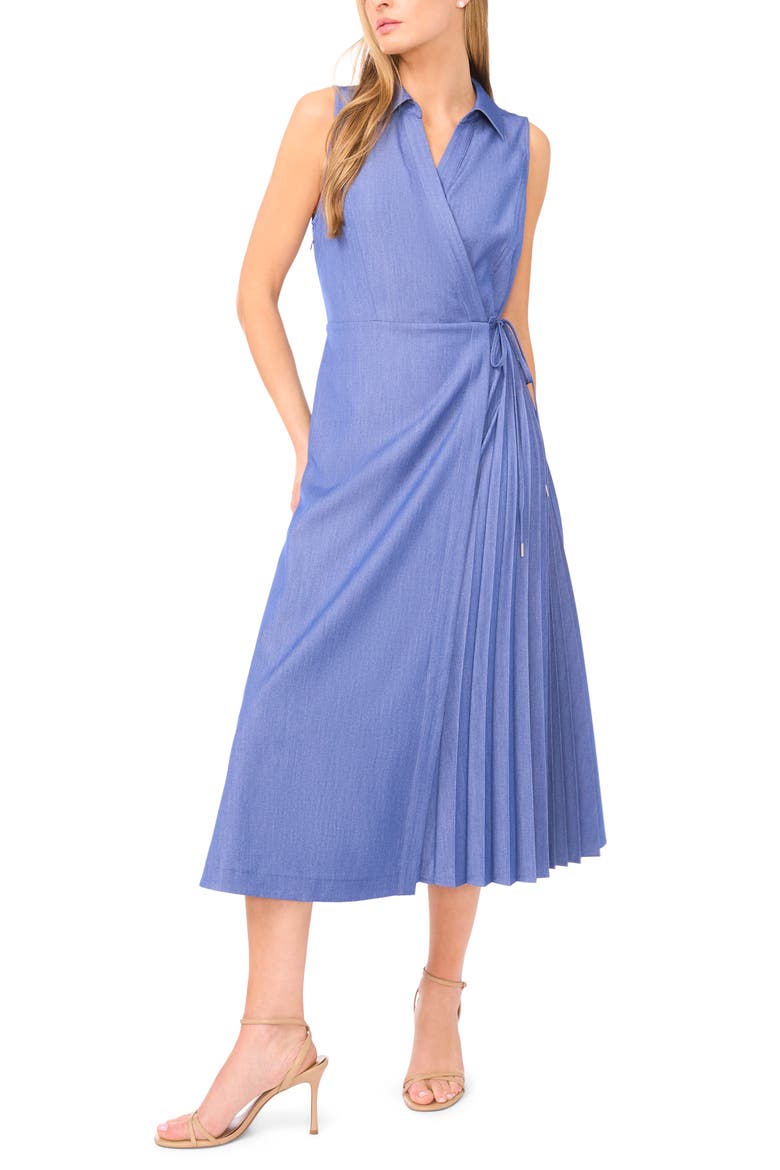 Pleated Faux Wrap Dress, Main, color, INDIGO