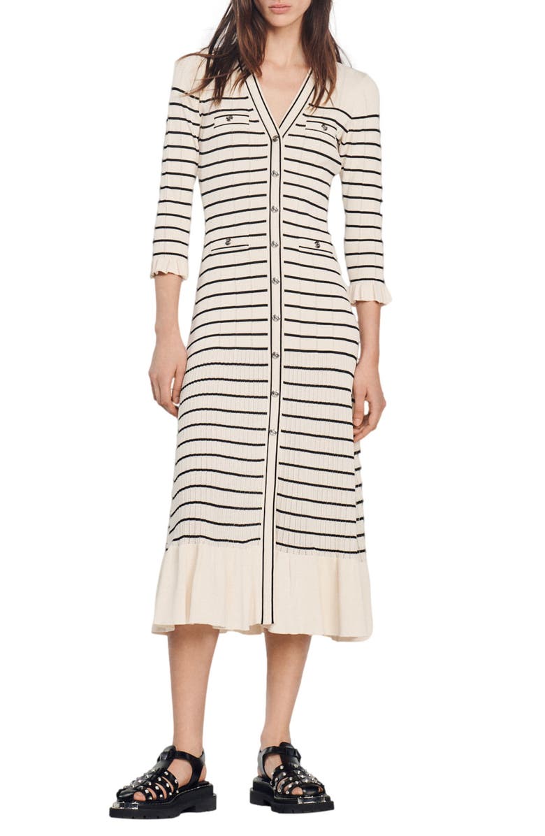 SANDRO Armelline Mixed Media Stripe Sweater Dress, Main, color, 
