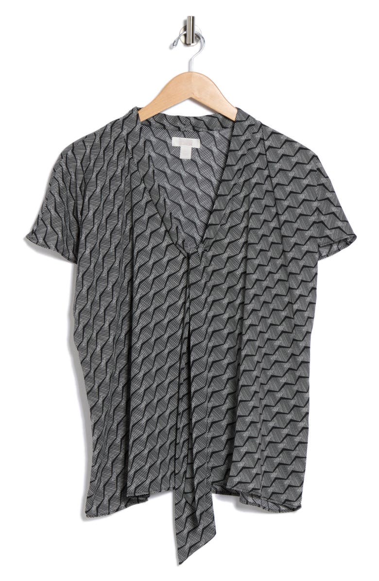 NORDSTROM RACK Tie Neck Flutter Sleeve Top, Alternate, color, Black- Ivory Rake Geo