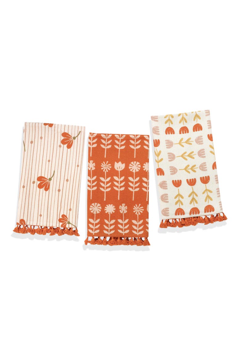 The Valencia Folk Art Set of 3 Cotton Waffle Kitchen Towels, Main, color, TERRACOTTA/ CREAM