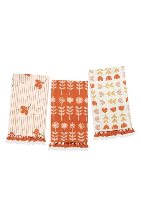 The Valencia Folk Art Set of 3 Cotton Waffle Kitchen Towels
