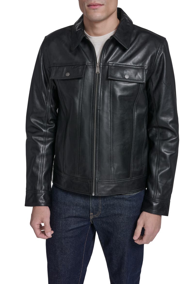 Leather Trucker Jacket, Main, color, BLACK