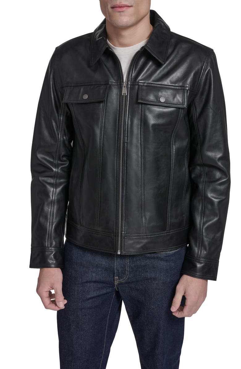 Cole Haan Leather Trucker Jacket, Main, color, Black