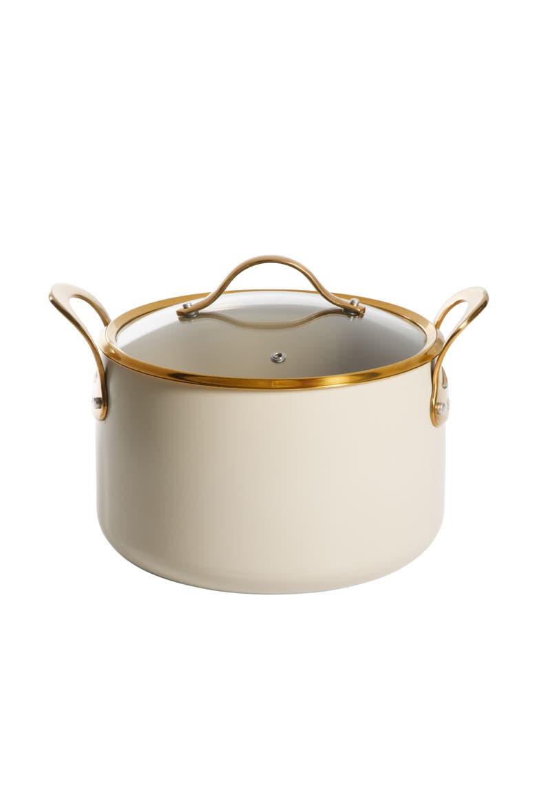 8 Quart Stock Pot with Lid, PFAS-Free Ceramic Nonstick Dutch Oven, Heavy Duty Aluminum, Main, color, Linen White with Gold Handle