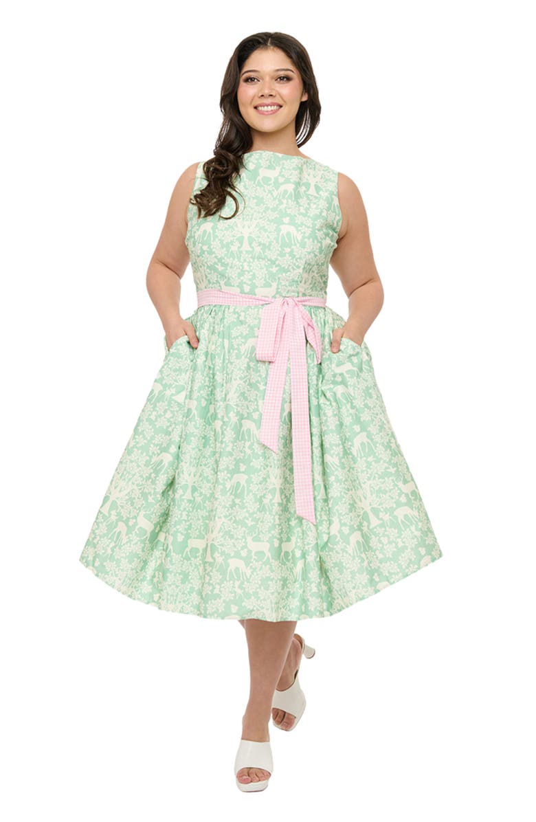 Unique Vintage Plus Size Sleeveless Belted Swing Dress, Main, color, Green Animal Print