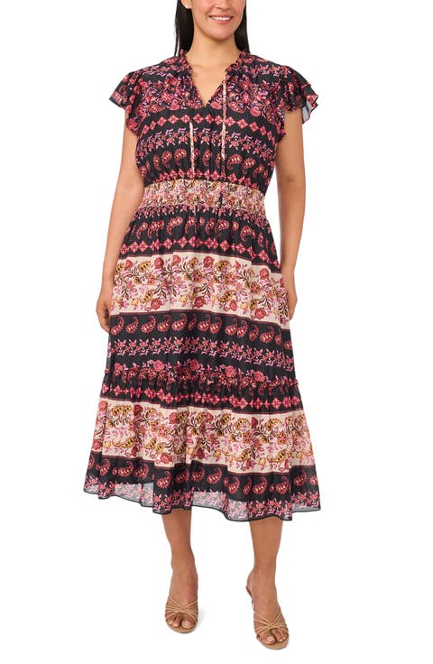 Mixed Print Tie Neck Dress