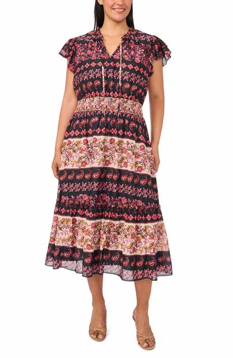 Mixed Print Tie Neck Dress