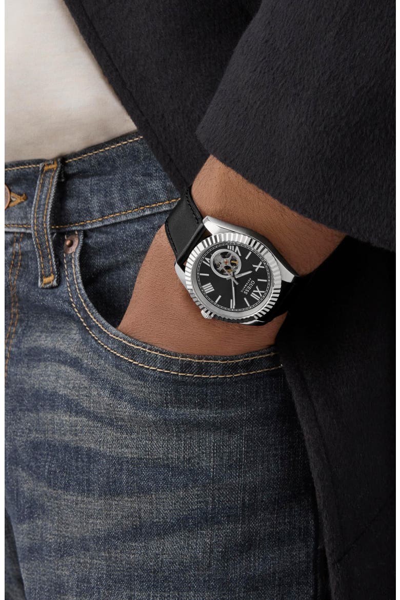 Open Heart Automatic Leather Strap Watch, 42mm, Alternate, color, BLACK/ SILVER