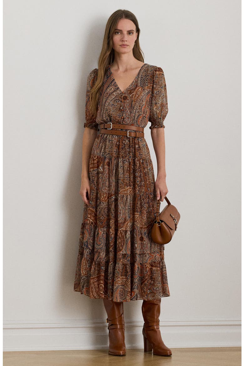 Paisley Belted Crinkle Georgette Midi Dress, Alternate, color, CREAM MULTI
