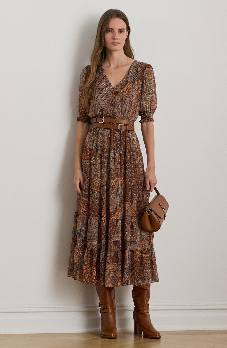 Lauren Ralph Lauren Print Tie Waist Crinkle Maxi Dress, Alternate, color, Cream Multi