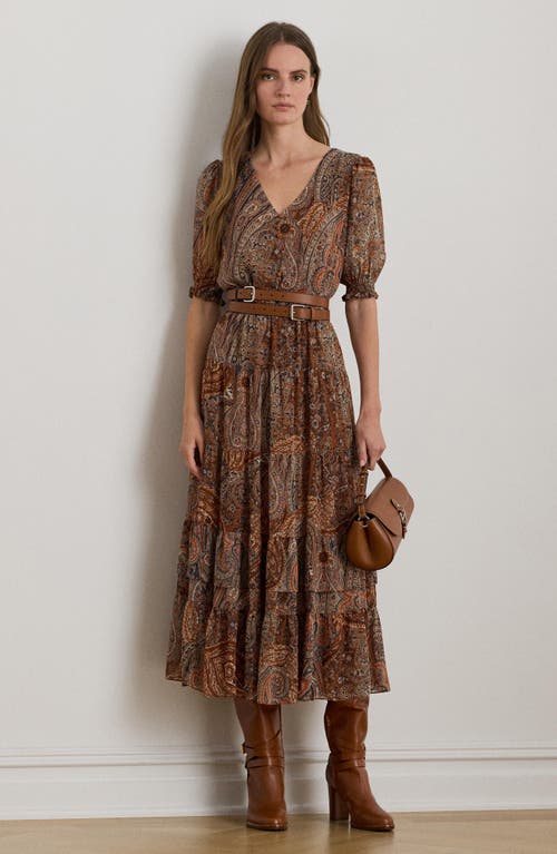 Ralph Lauren Paisley Belted Crinkle Georgette Dress In Multi