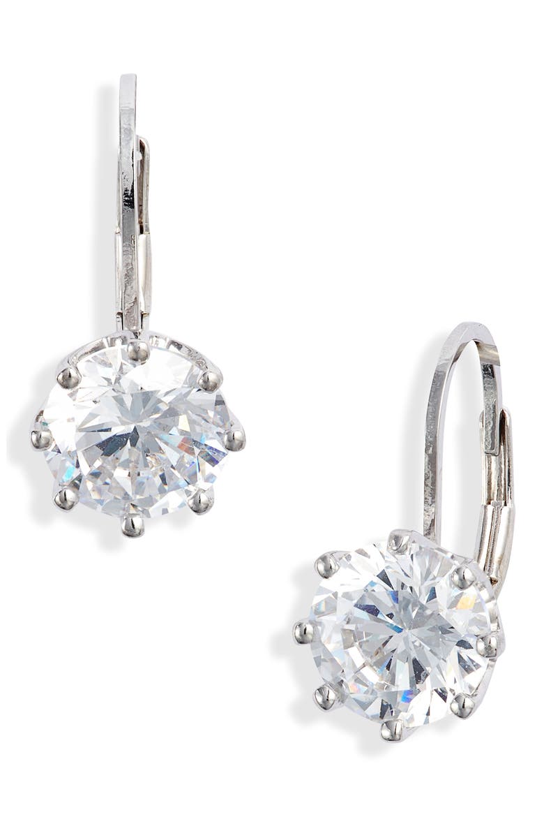 Round Cubic Zirconia Lever Back Earrings, Main, color, CLEAR- PLATINUM PLATED