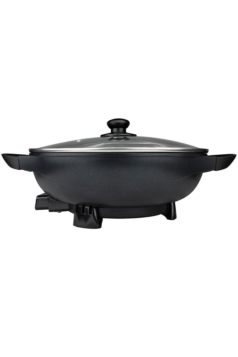 13" Flat Bottom Electric Wok Skillet w/ Glass Lid Black, Main, color, Black