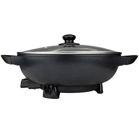 13" Flat Bottom Electric Wok Skillet w/ Glass Lid Black