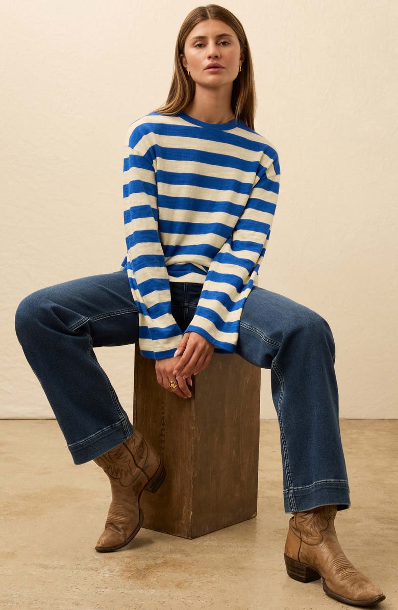 Faherty Sunwashed Stripe Long Sleeve Organic Cotton Slub T-Shirt, Alternate, color, Sea Stripe