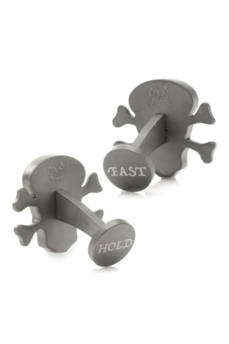 Hold Fast Skull & Bones Cuff Links, Alternate, color, GUNMETAL