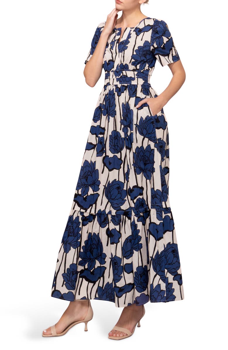 MELLODAY Printed Poplin Maxi Dress, Alternate, color, Ivory Navy
