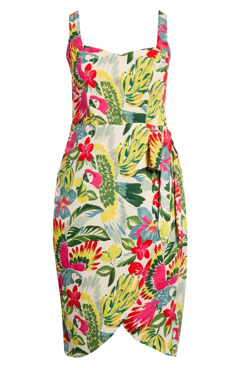 Wissa Tropical Beli Faux Wrap Midi Dress (Plus)