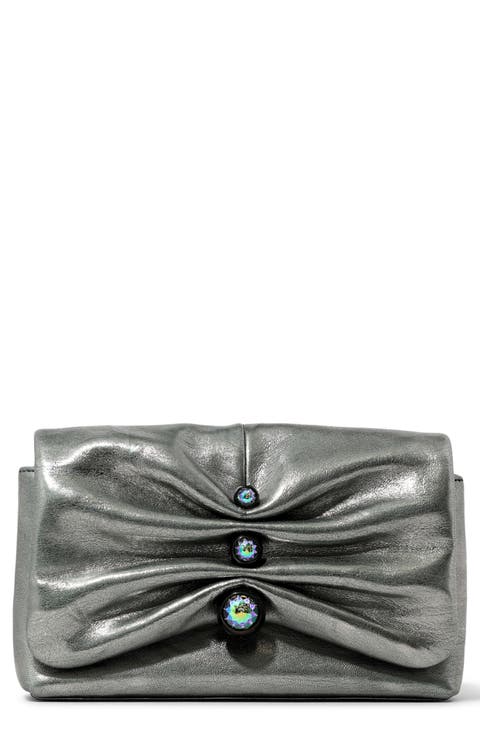 Ruched Crystal Metallic Leather Clutch