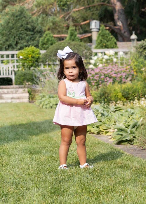 Florence Eiseman Check Seersucker Skirted Romper With Flowers In Pink