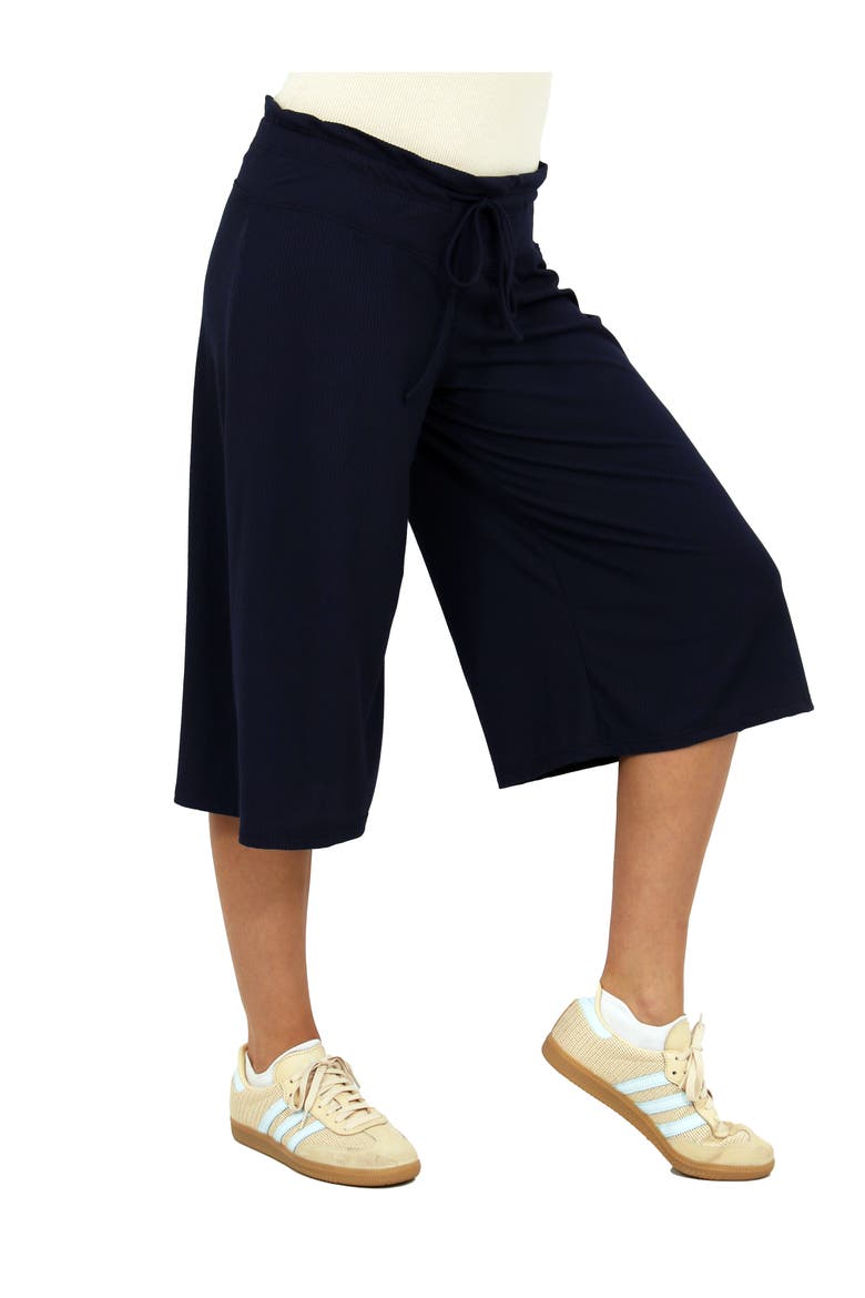 Womens Basic Ribbed Knit Drawstring Flared Capri Pants, Alternate, color, Navy