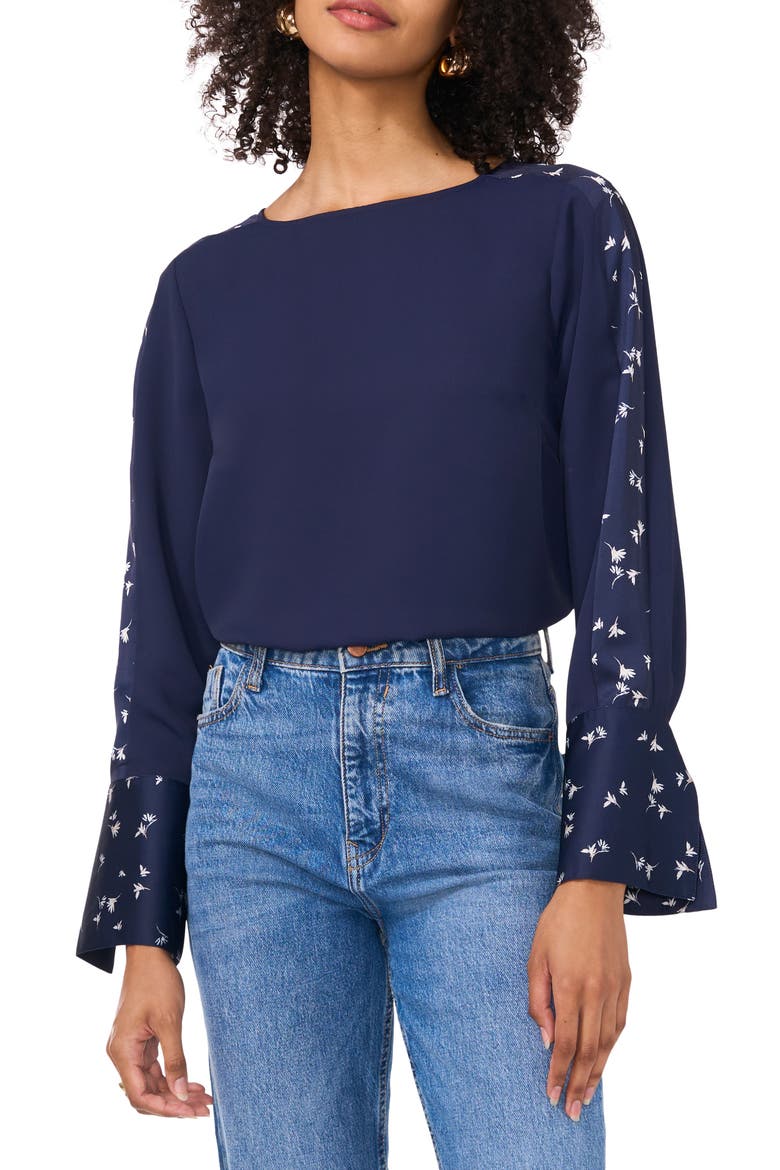 Floral Accent Flare Cuff Top, Main, color, CLASSIC NAVY