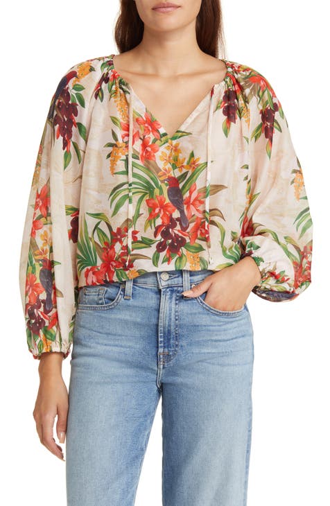 Villa Views Floral Split Neck Cotton & Silk Blouse