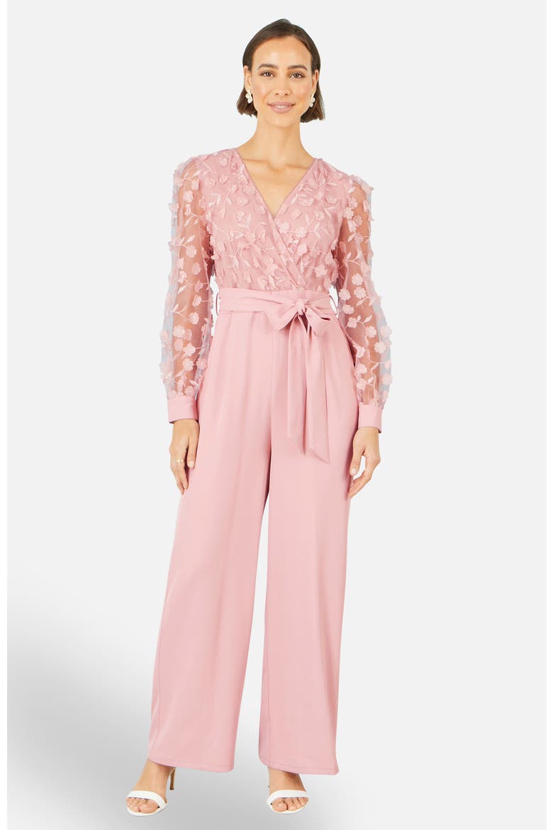 Sash Waist Floral Applique Wrap Jumpsuit, Alternate, color, Pink