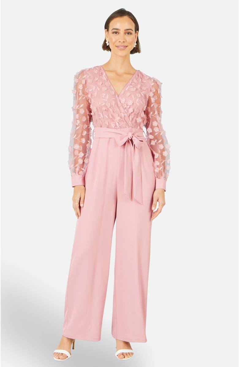Yumi Sash Waist Floral Applique Wrap Jumpsuit, Alternate, color, Pink