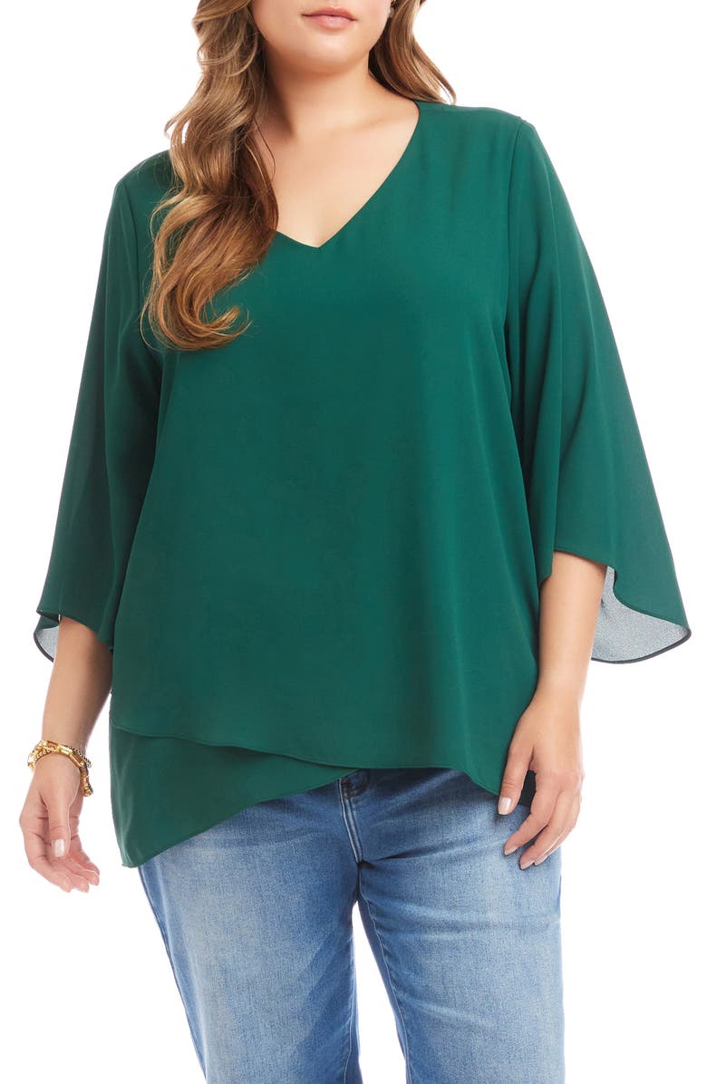 Karen Kane Crossover Hem Asymmetric Crepe Top, Main, color, Forest Green