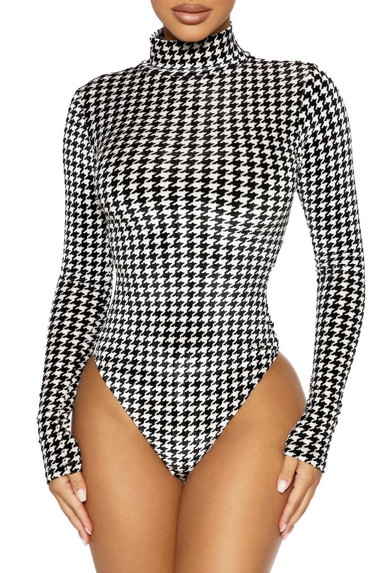 Long Sleeve Turtleneck Bodysuit, Main, color, B/ W HOUNDSTOOTH