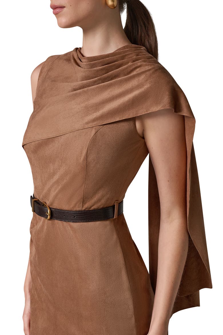 Shoulder Drape Faux Suede Sheath Midi Dress, Alternate, color, CAMEL