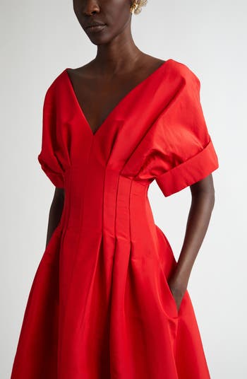 Gathered Waist Silk Faille Midi Dress