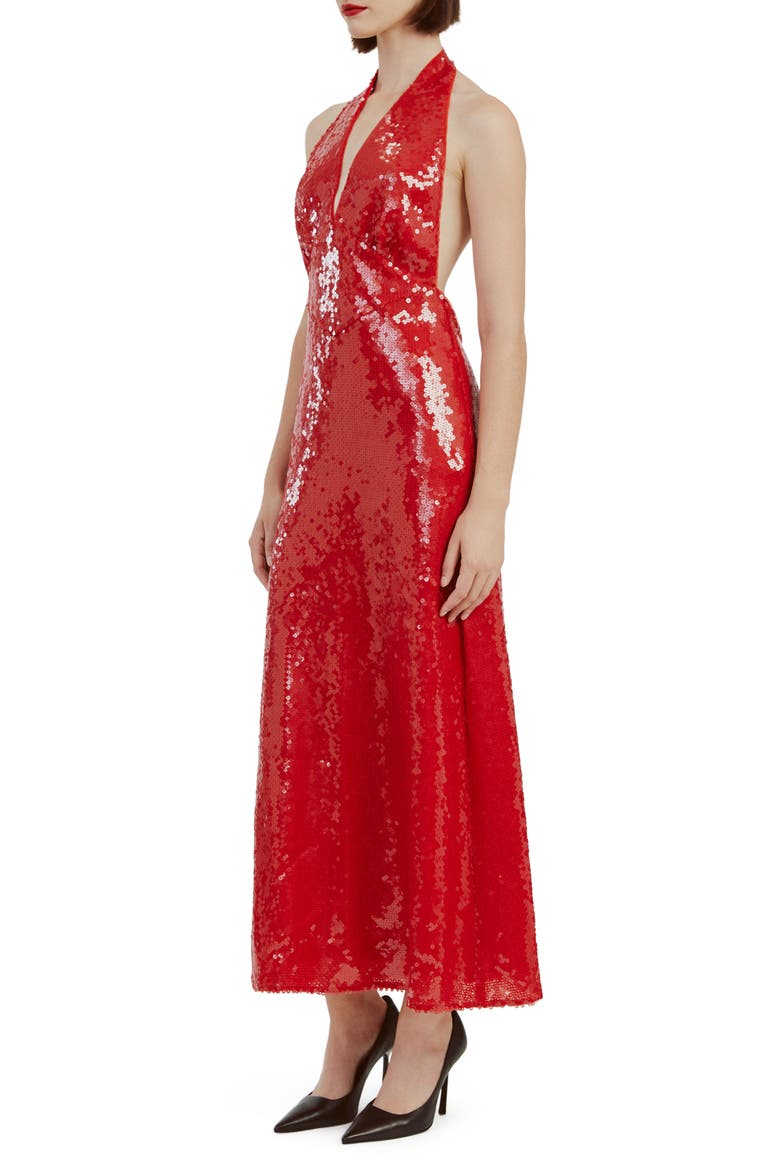 Freja Sequin Open Back Halter Maxi Dress, Alternate, color, DEEP RED
