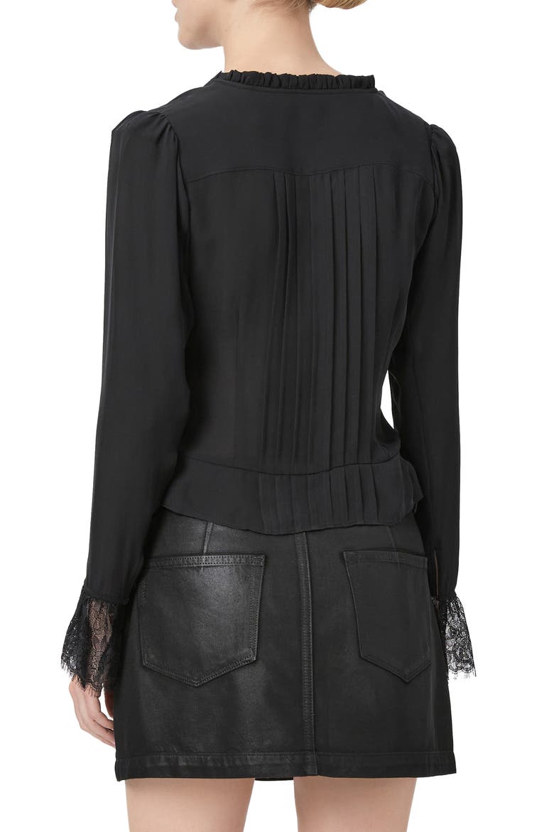 Franca Lace Trim Silk Button-Up Top, Alternate, color, BLACK
