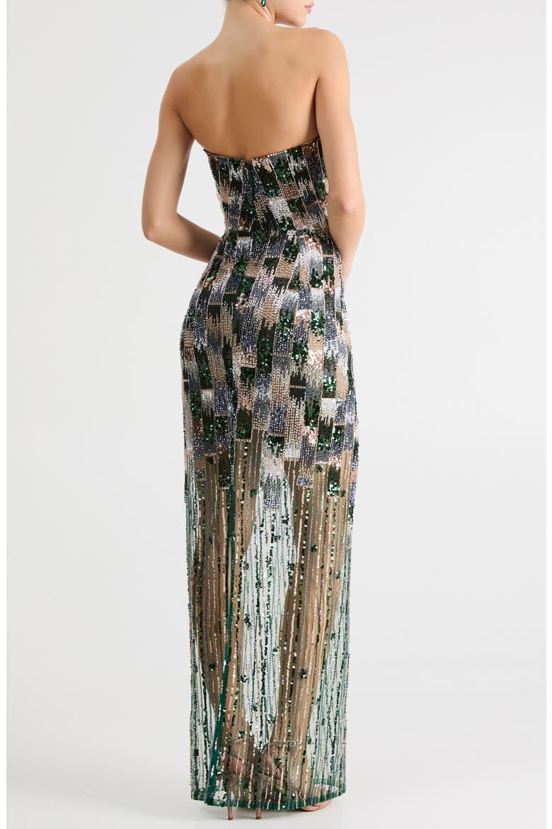 Cher Sequin Mixed Print Strapless Gown, Alternate, color, EMERALD