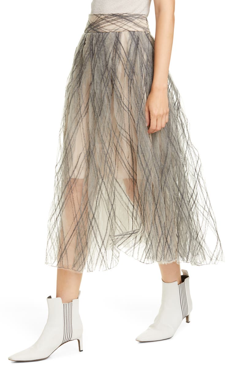 Brunello Cucinelli Sequin Argyle Tulle Midi Skirt, Alternate, color,