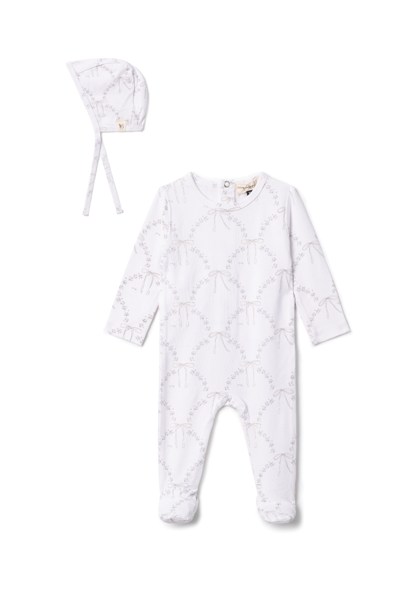 Bebe Bella Bow Print Jersey Romper with Hat, Main, color, White