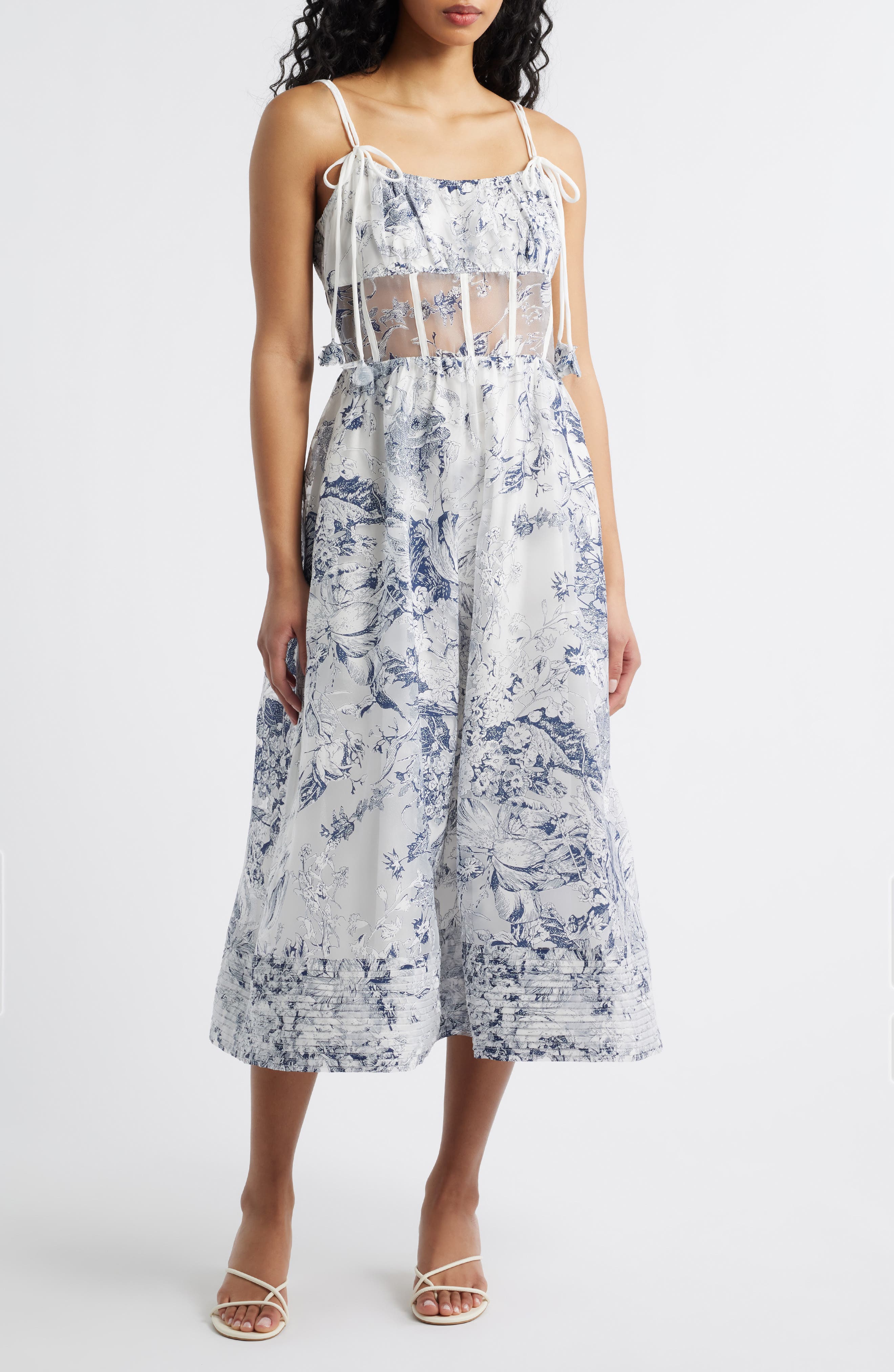 Cyrus Floral Sheer Waist Midi Dress