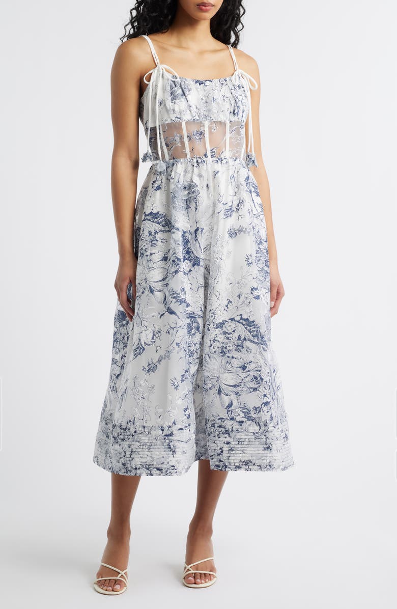 En Saison Cyrus Floral Sheer Waist Midi Dress, Main, color, White Navy